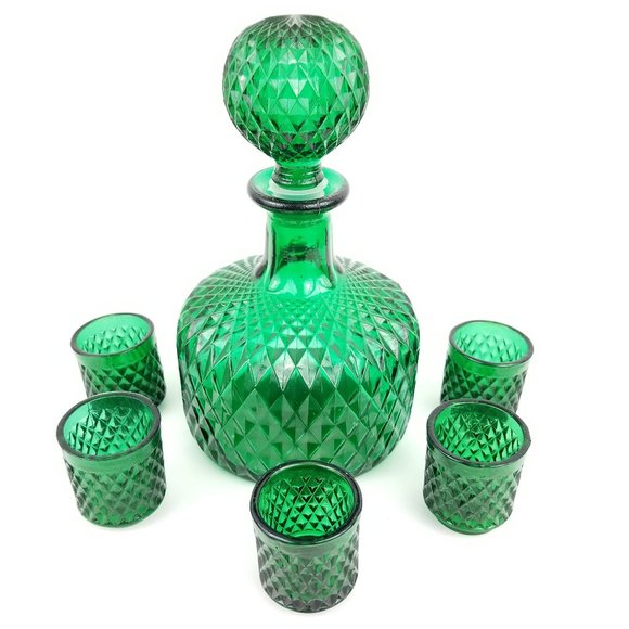 Other - Vintage Emerald Green Decanter & Five Shot Glasses